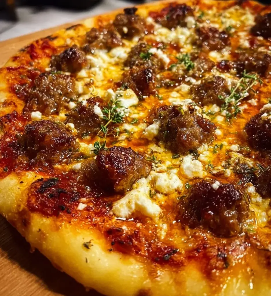 Sliced Sausage Ricotta Honey Hot Pizza on a wooden table