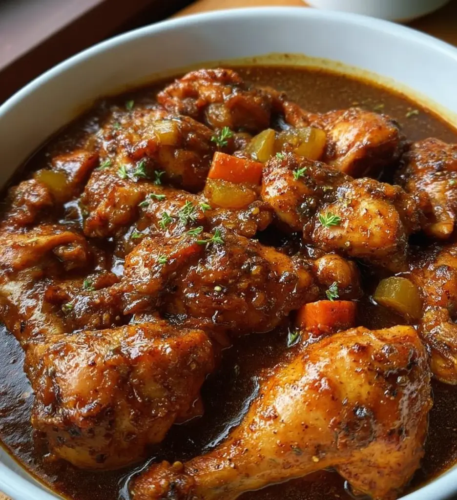 Delicious plate of savory Brown Stew Chicken served with rice and vegetables