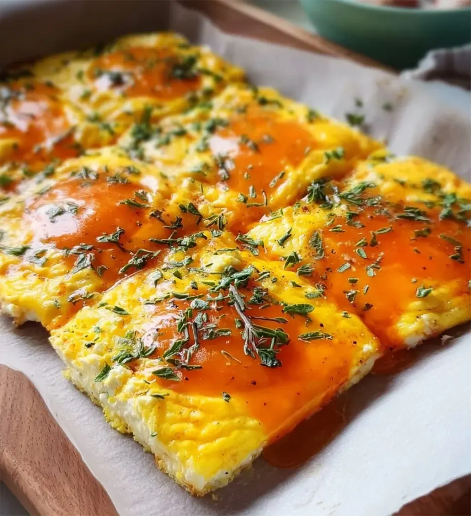 Delicious sheet pan eggs with cottage cheese on a serving platter.