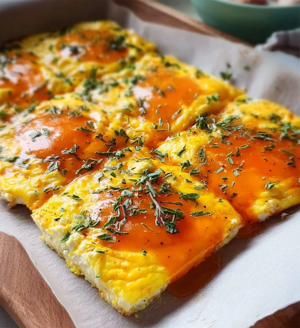 Delicious sheet pan eggs with cottage cheese on a serving platter.
