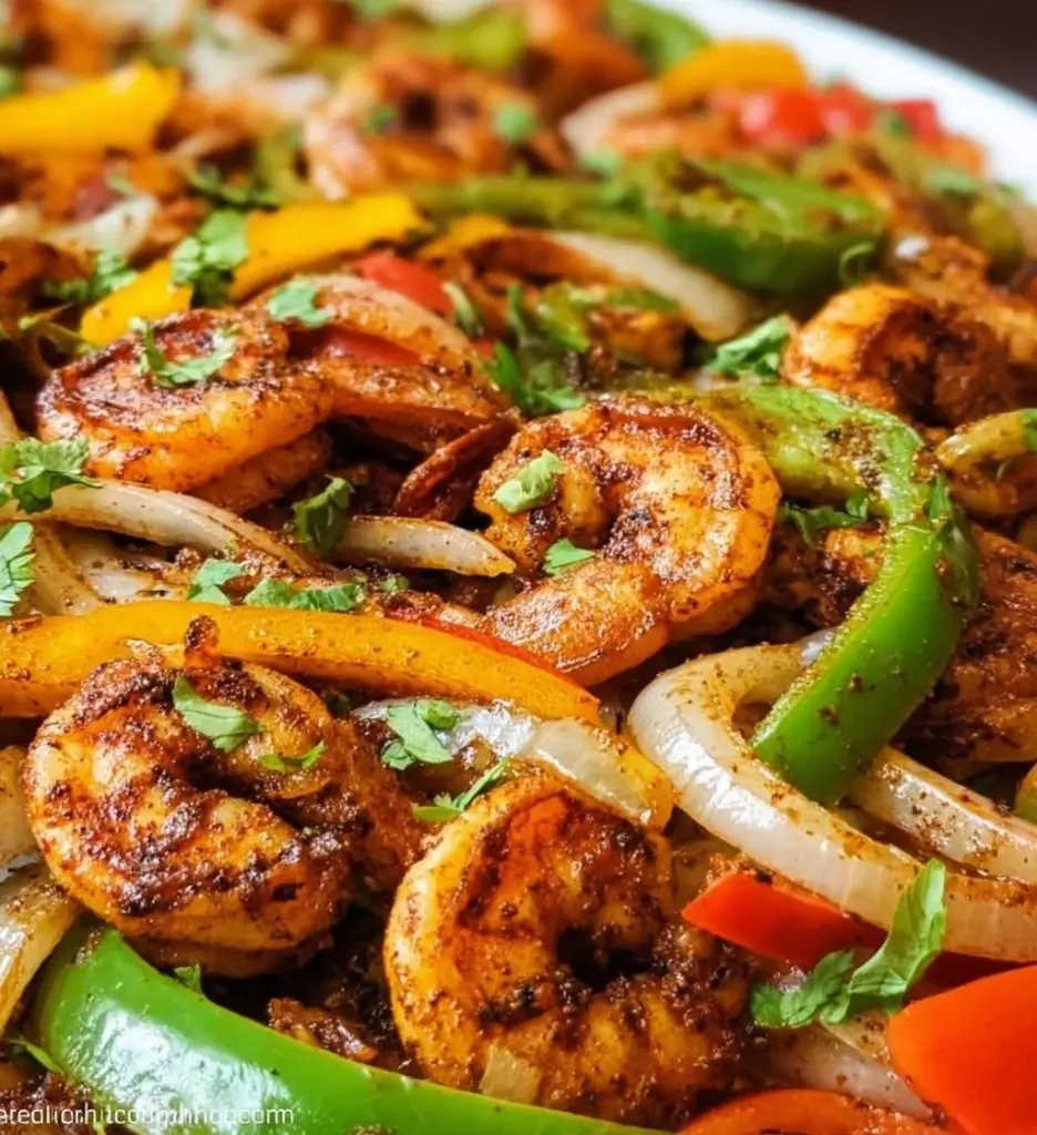 Sheet Pan Shrimp Fajitas prepared with peppers and spices on a baking tray