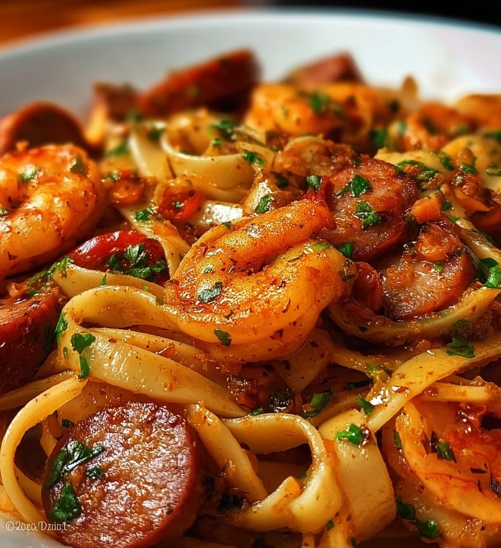 Delicious Shrimp Sausage Pasta served in a bowl with herbs and spices.