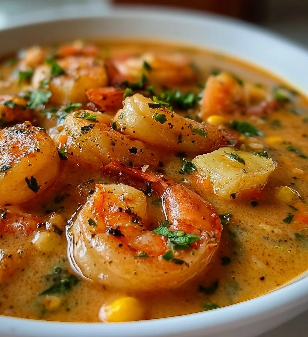 Delicious bowl of shrimp chowder with herbs and spices