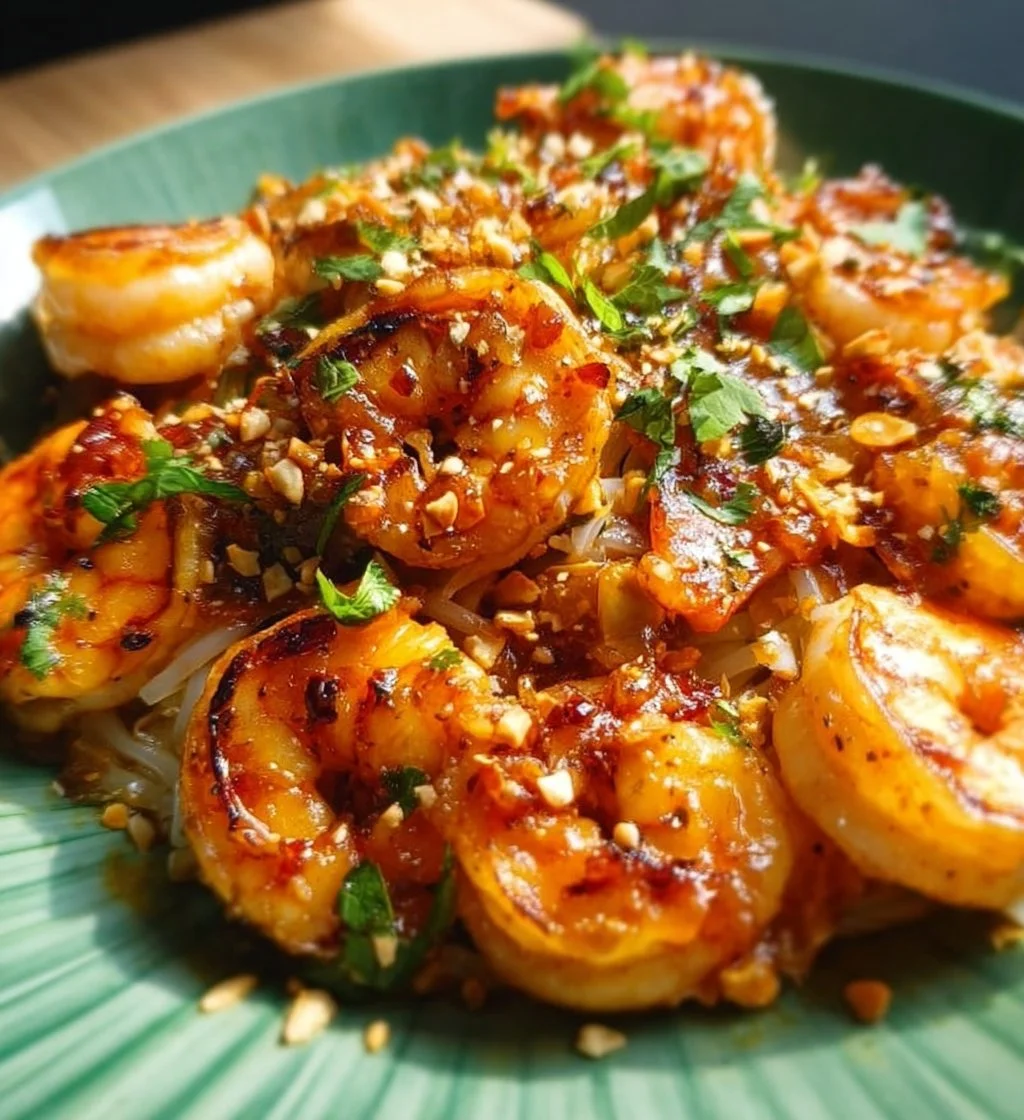Delicious Shrimp Pad Thai served with lime and peanuts on a white plate.