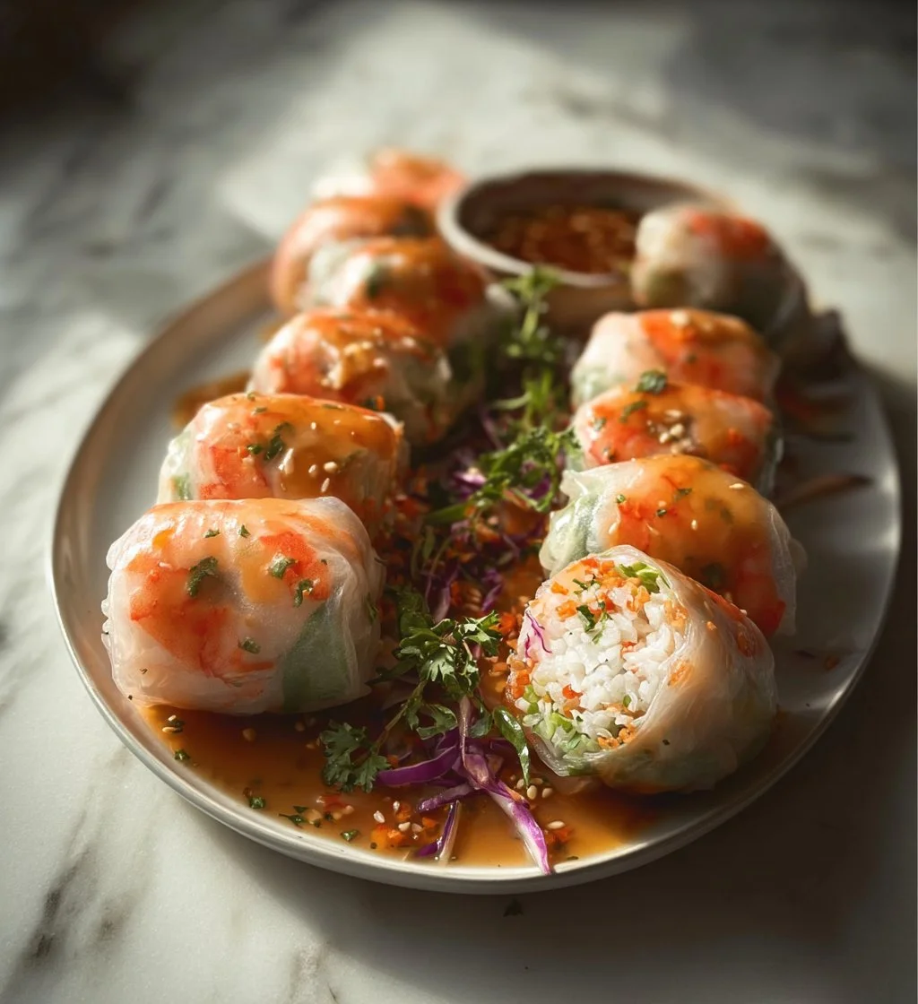 Freshly made Shrimp Spring Rolls with vegetables and dipping sauce