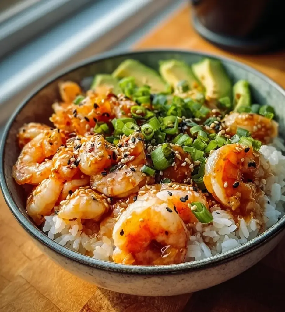 Shrimp sushi bowl with fresh shrimp, rice, and colorful toppings on a plate.