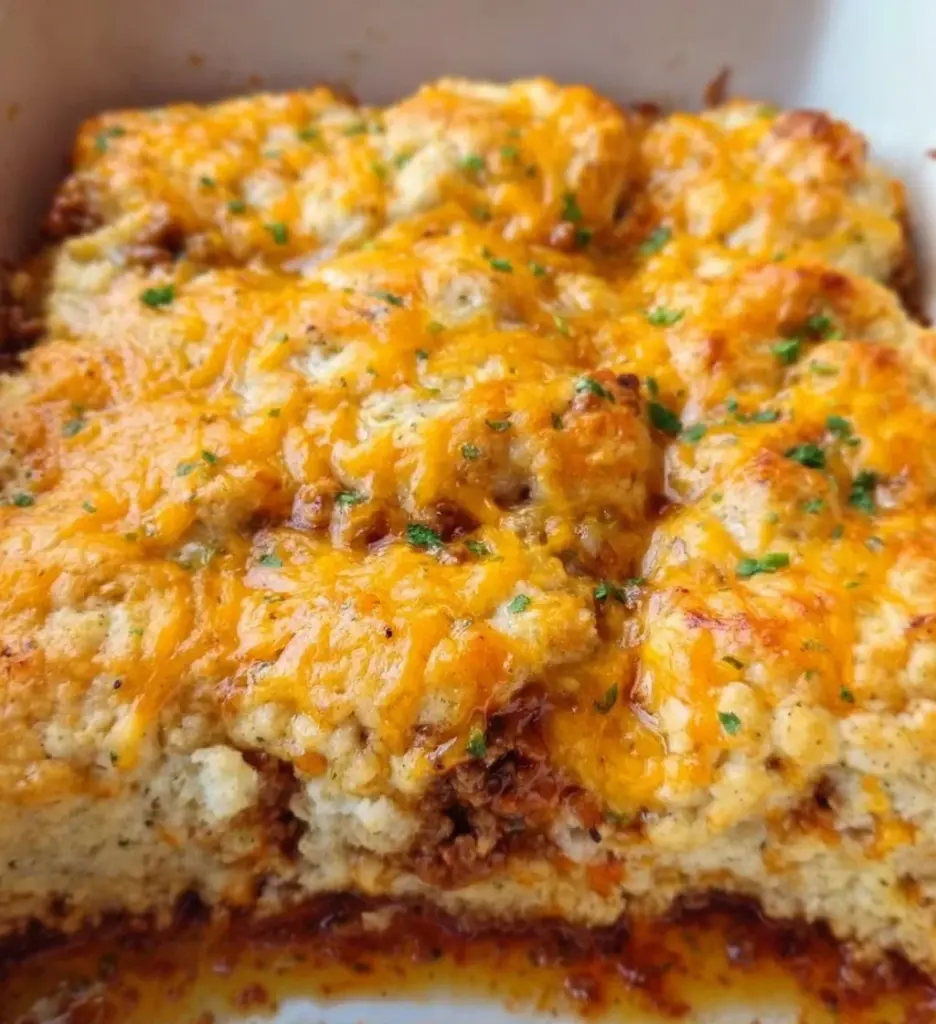 Delicious Sloppy Joe Casserole topped with Cheddar Bay Biscuits