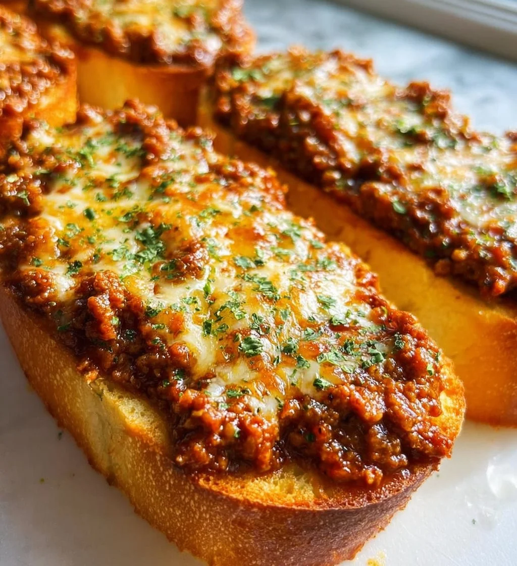 Sloppy Joe Garlic Bread with juicy meat and melted cheese on toasted bread
