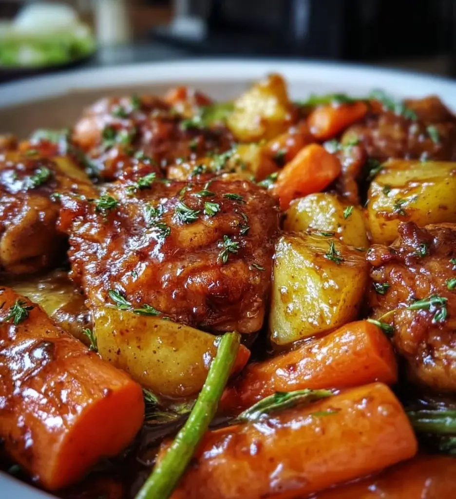 Slow Cooker Honey Garlic Chicken with colorful veggies in a bowl
