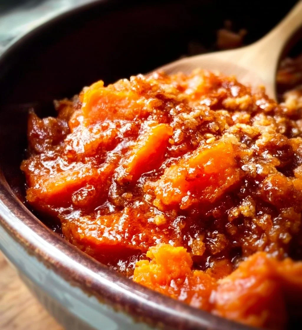 Slow Cooker Sweet Potato Casserole topped with marshmallows in a serving dish.
