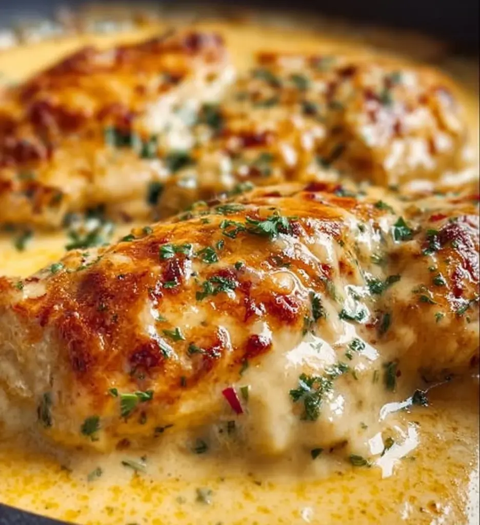 Delicious smothered cheesy sour cream chicken served on a plate