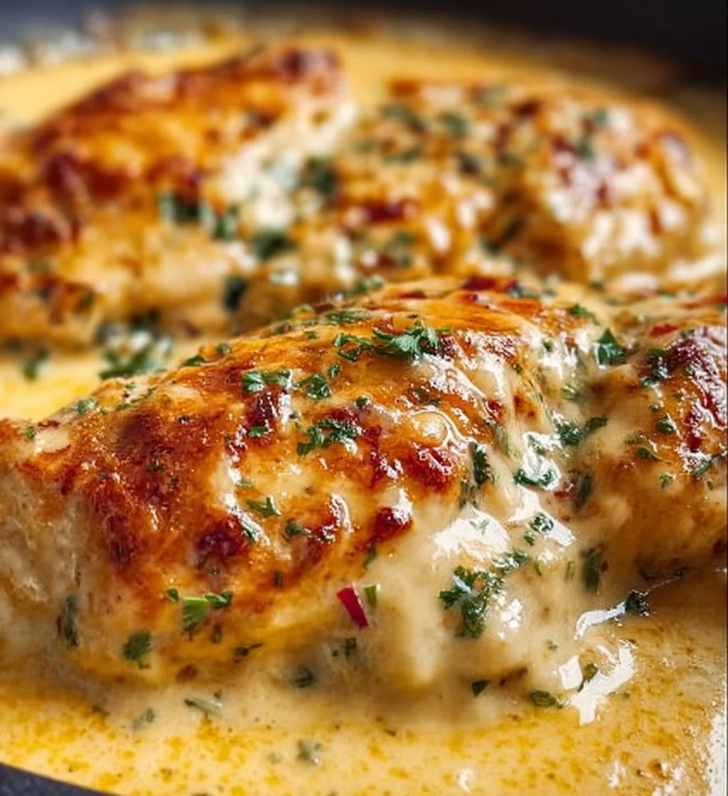 Delicious smothered cheesy sour cream chicken served on a plate