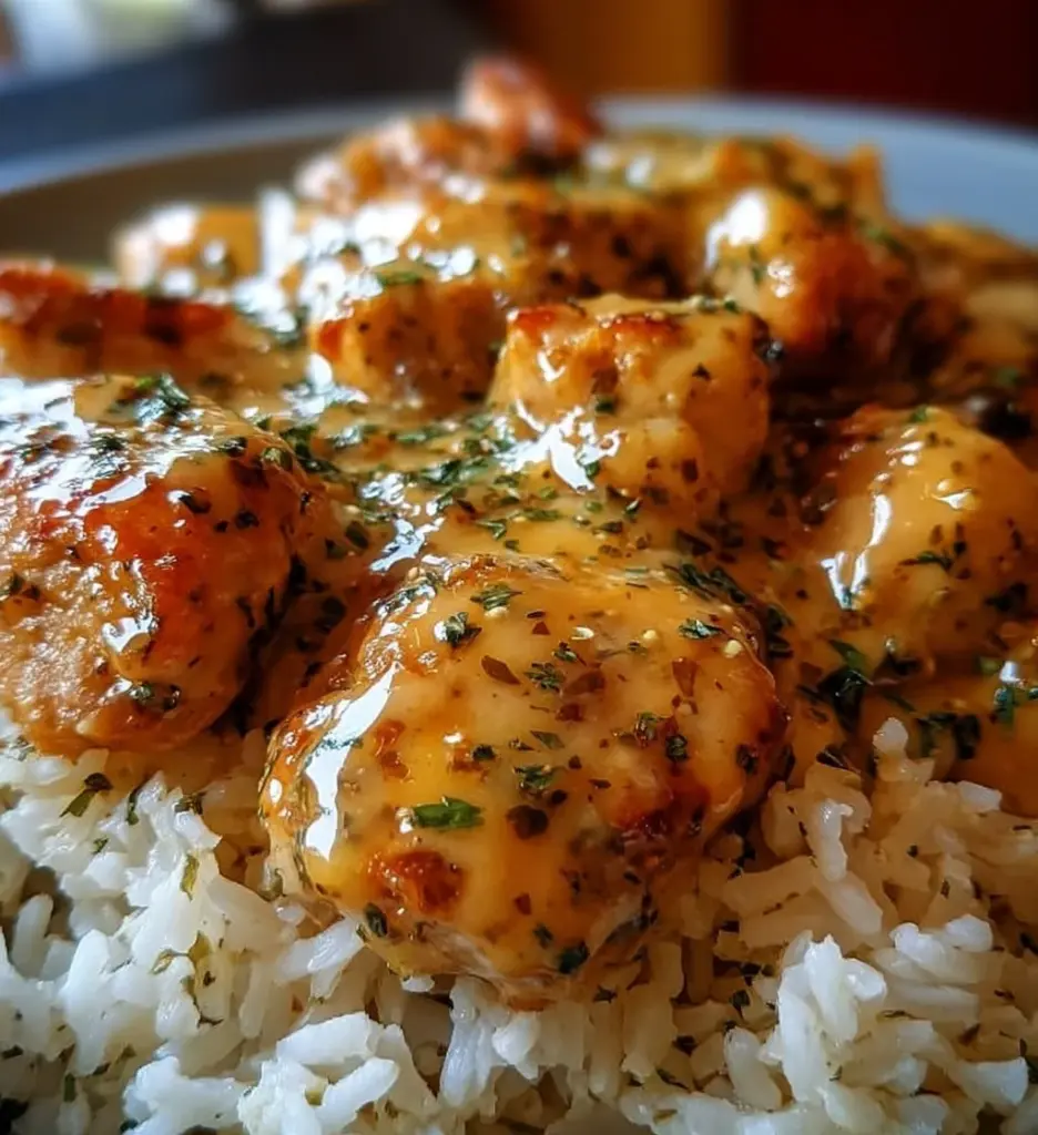 Plate of smothered chicken served over rice with creamy sauce