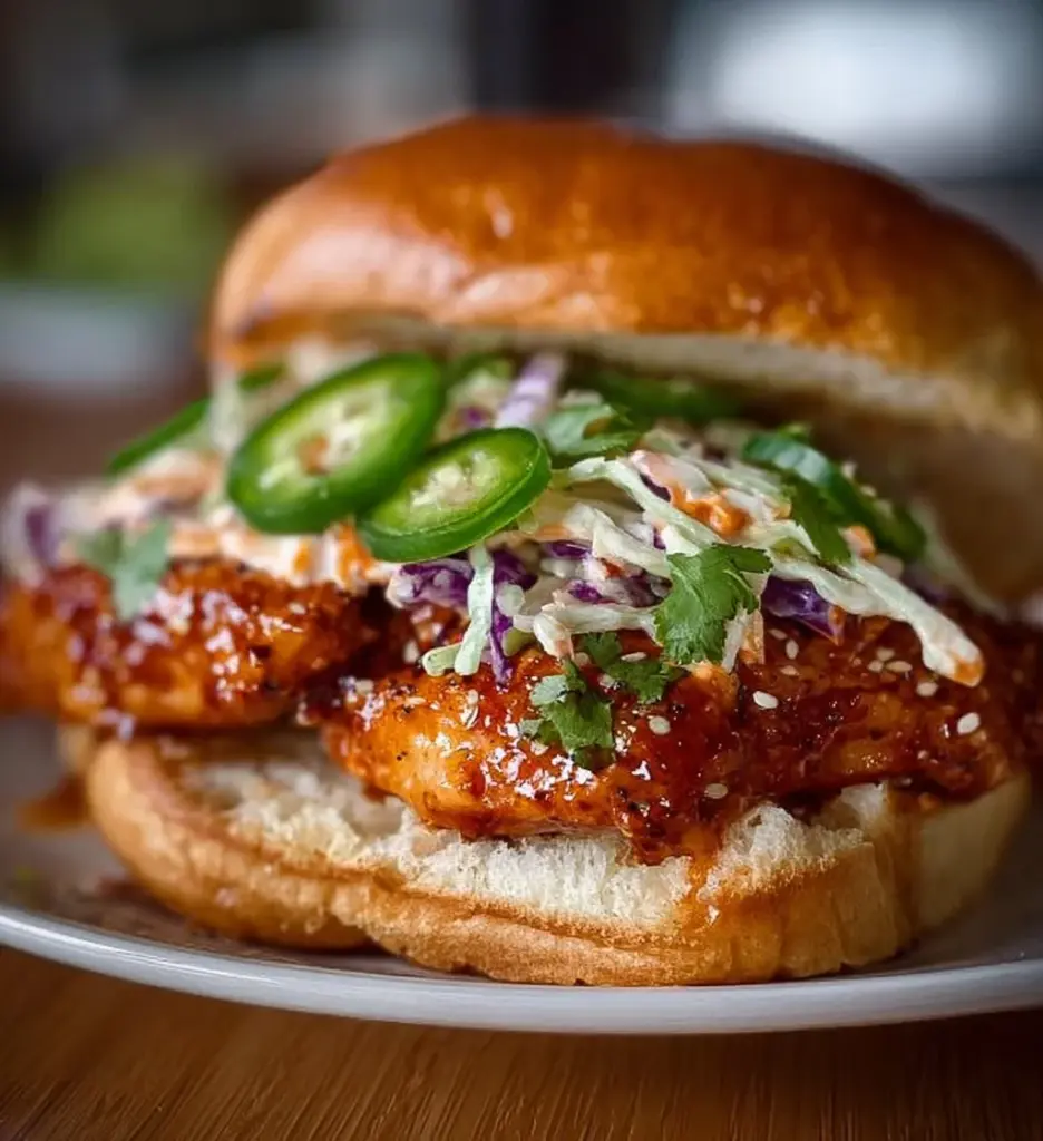 Spicy Bang Bang Chicken Sandwich served with fresh ingredients and sauces