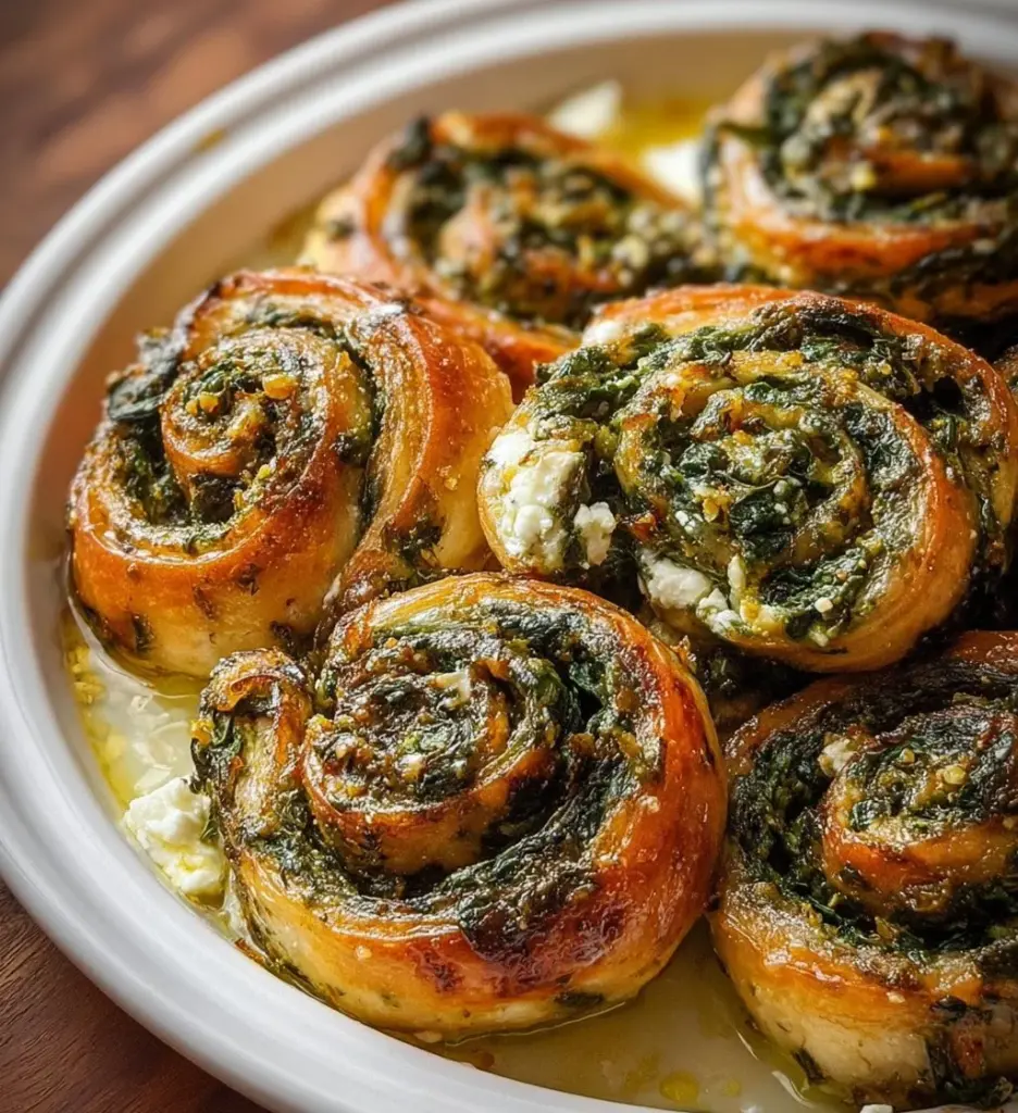 Delicious Spinach and Feta Pinwheels on a serving platter