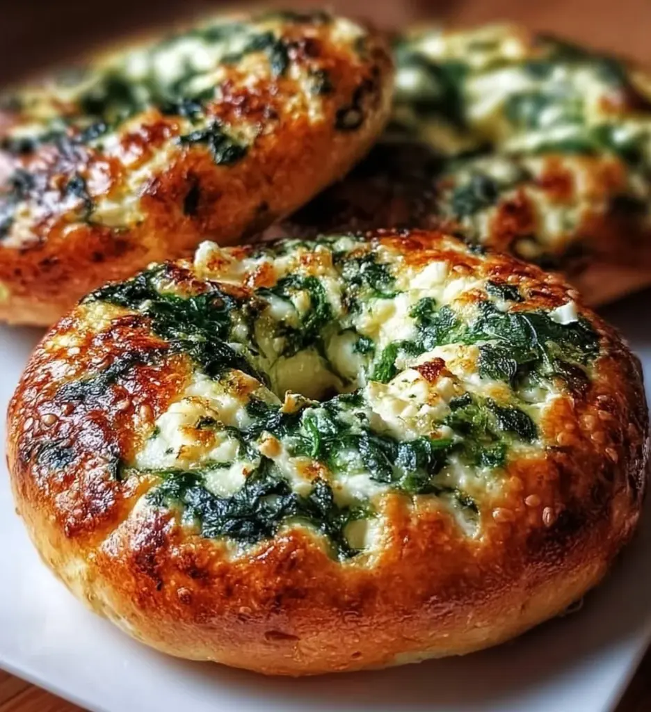 Fresh spinach cottage cheese flat bagels on a wooden board