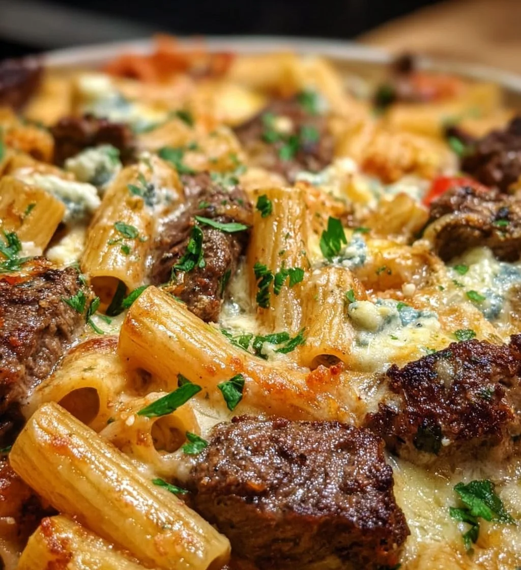 Delicious Steak and Blue Cheese Rigatoni Bake with creamy sauce and herbs