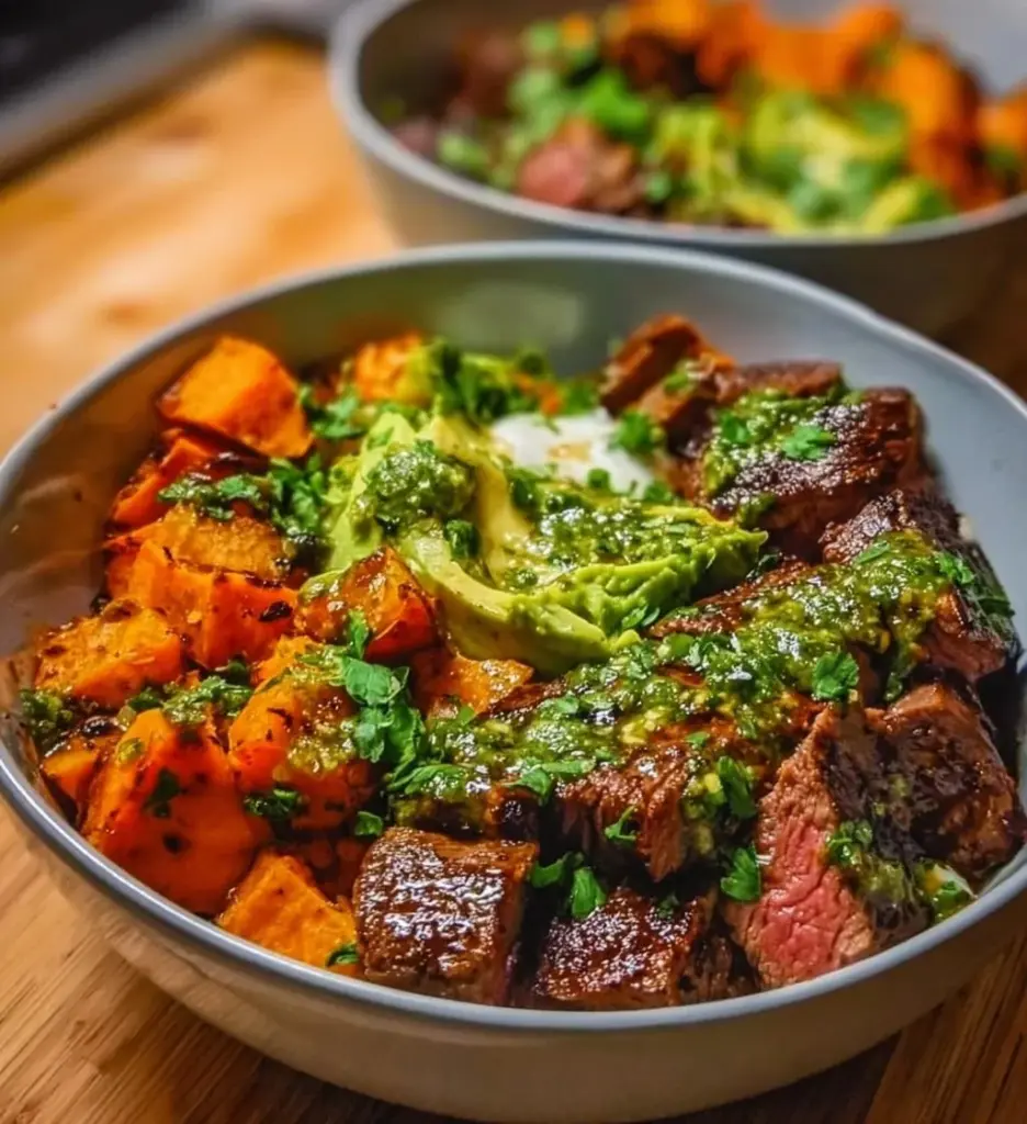 Steak and Sweet Potato Bowls topped with Avocado-Cilantro Drizzle
