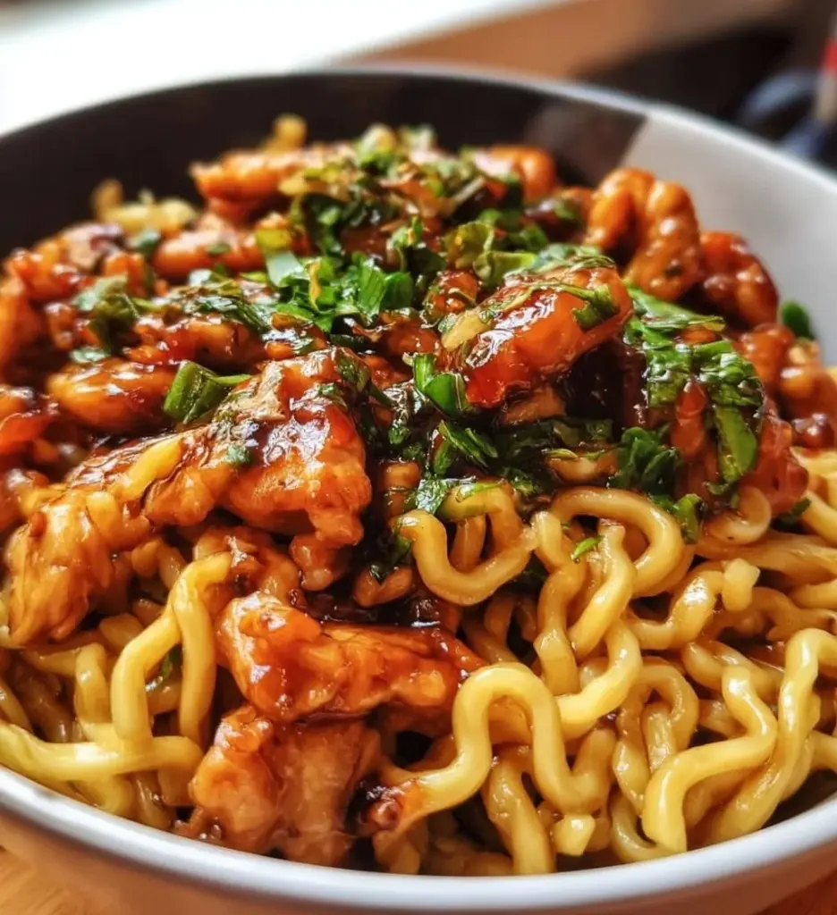 Delicious sticky garlic chicken noodles served in a bowl with fresh herbs