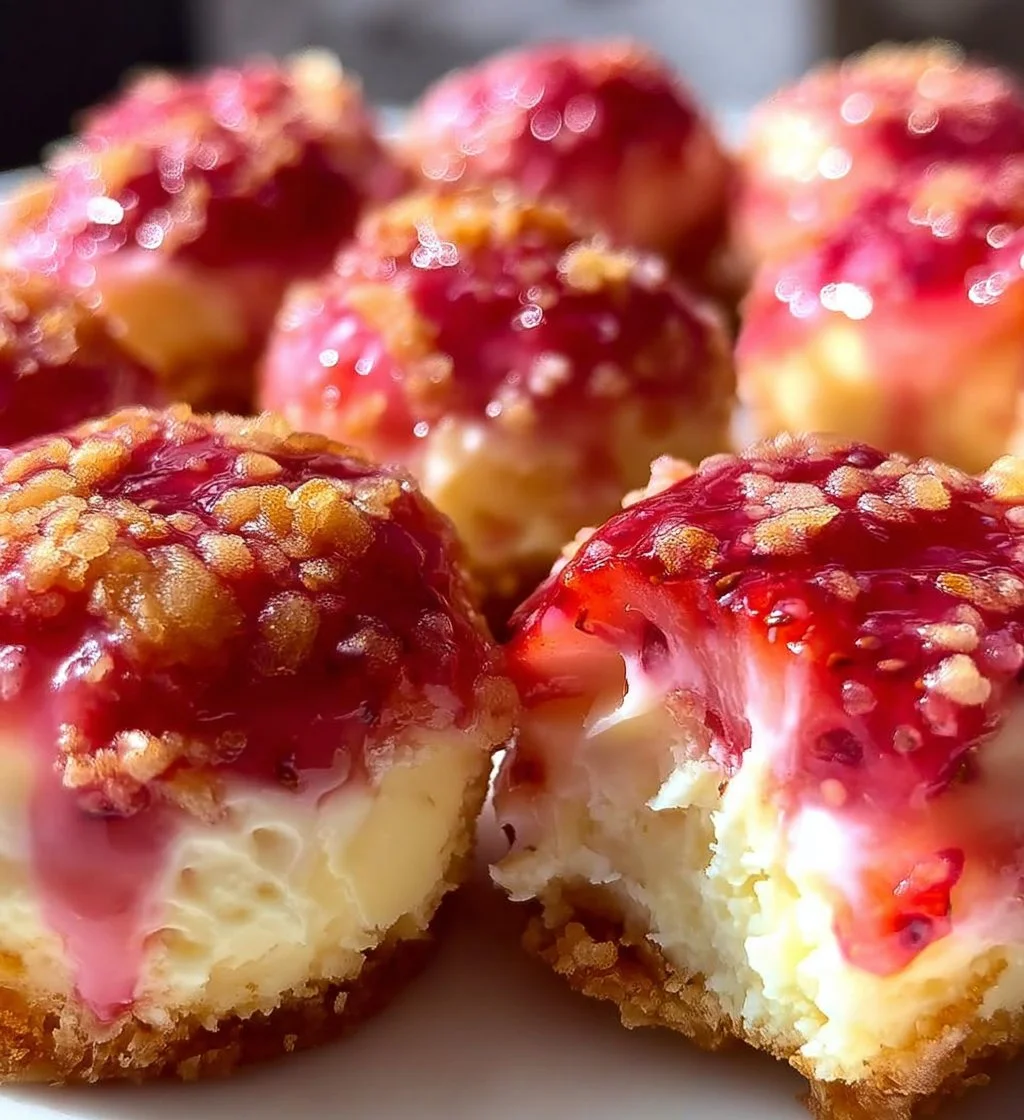 Strawberry Crunch Cheesecake Bites on a plate garnished with fresh strawberries
