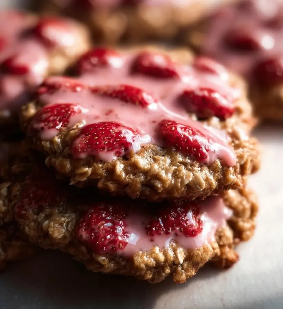 Strawberry iced oatmeal cookies with pink icing on a plate