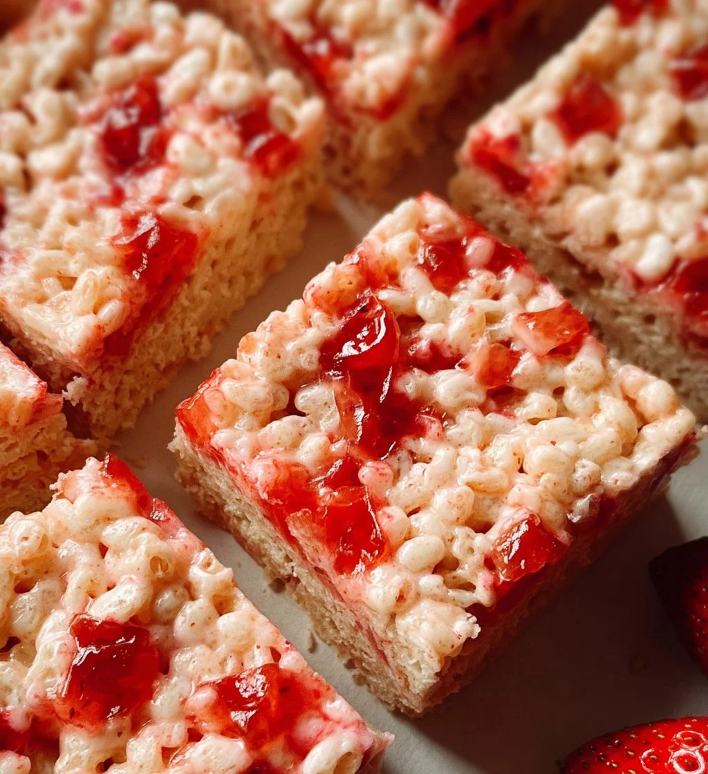 Delicious Strawberry Rice Krispie Treats with fresh strawberries and marshmallows.