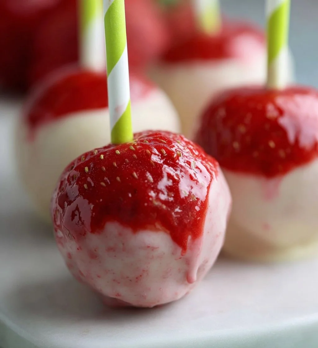 Strawberry Shortcake Cake Pops decorated with icing and sprinkles on a white plate.