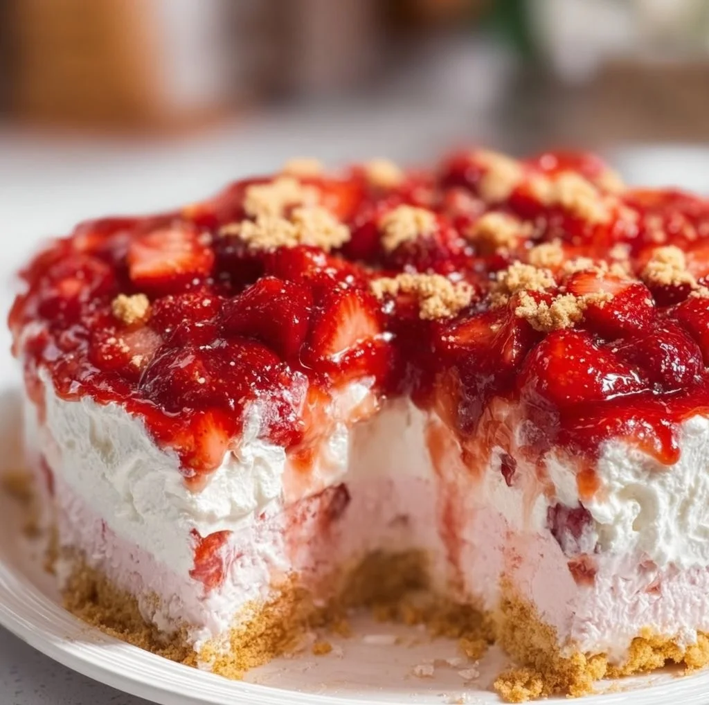 Delicious strawberry shortcake ice cream cake topped with fresh strawberries