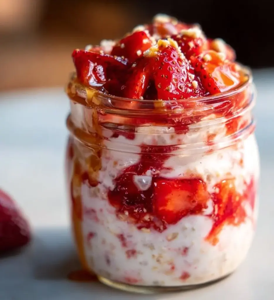 Bowl of strawberry shortcake overnight oats topped with fresh strawberries