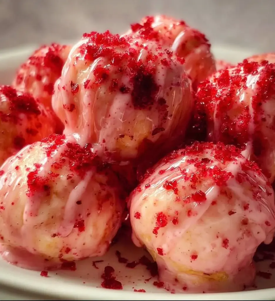 Delicious strawberry shortcake truffles on a white plate