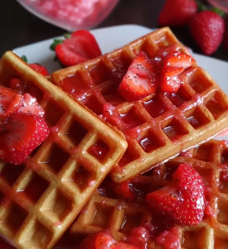 Homemade strawberry waffles topped with fresh strawberries and whipped cream