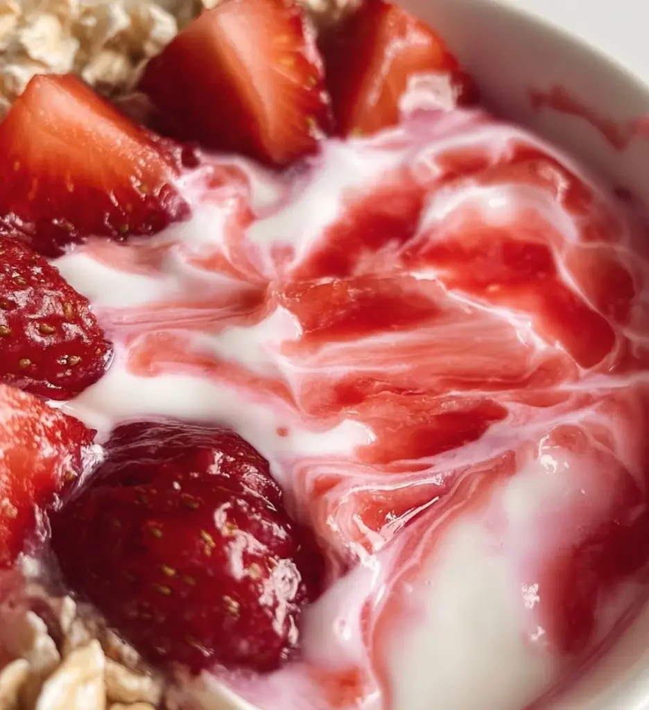 Delicious strawberry yogurt bowl topped with fresh fruit and granola