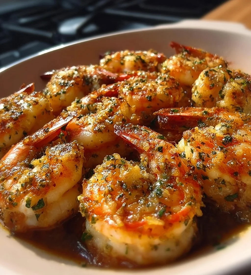 Plate of delicious stuffed shrimp garnished with herbs and lemon