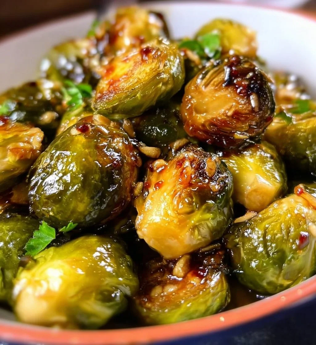 Bowl of Sweet Chili Roasted Brussels Sprouts garnished with sesame seeds
