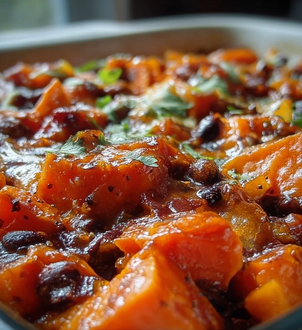 Sweet potato and black bean casserole served in a baking dish, topped with herbs.