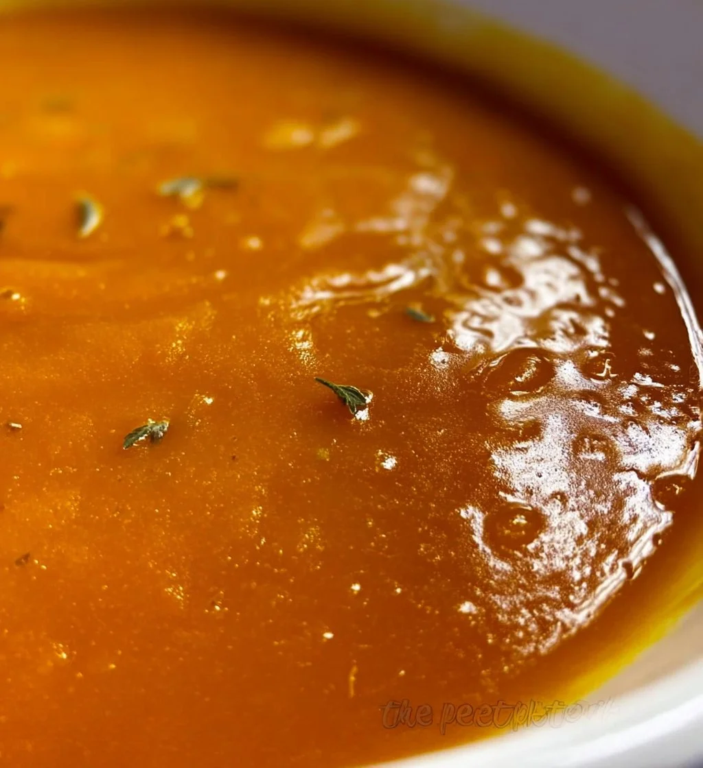 Creamy bowl of sweet potato bisque garnished with herbs and spices