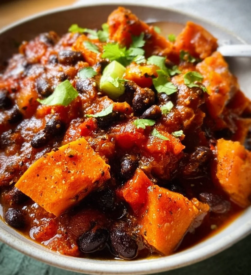 A bowl of Sweet Potato Black Bean Chili topped with fresh herbs