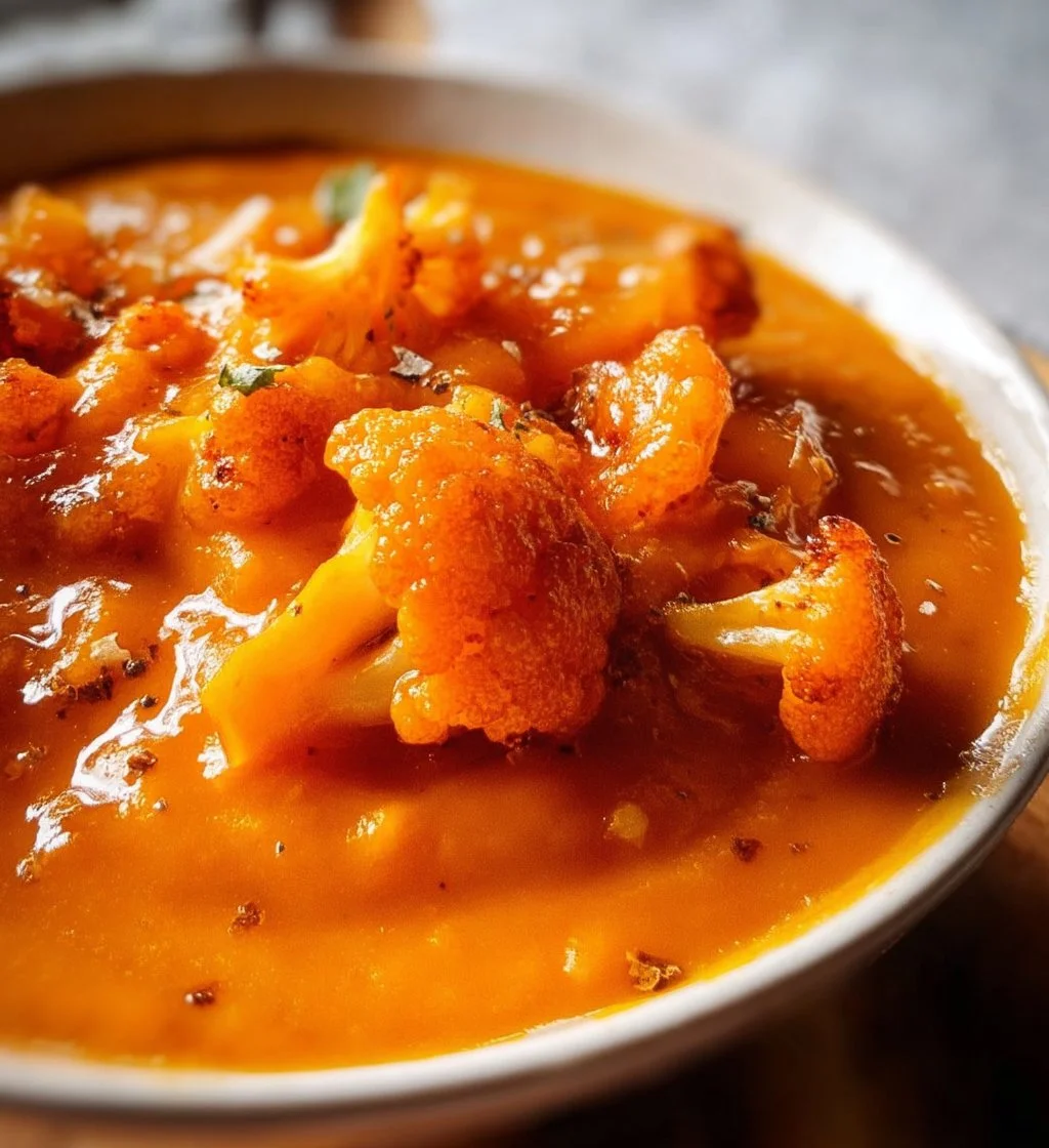 Bowl of creamy sweet potato cauliflower soup topped with herbs and spices