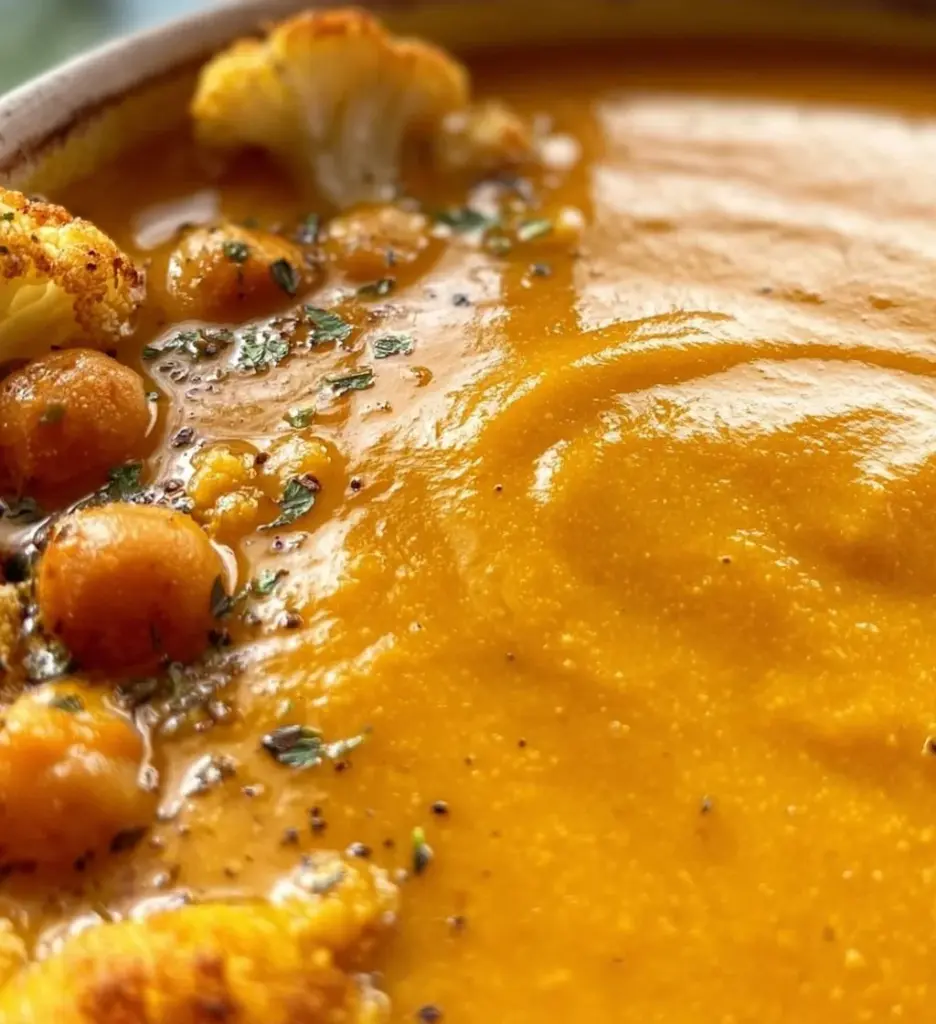 Bowl of creamy Sweet Potato Cauliflower Soup topped with herbs.