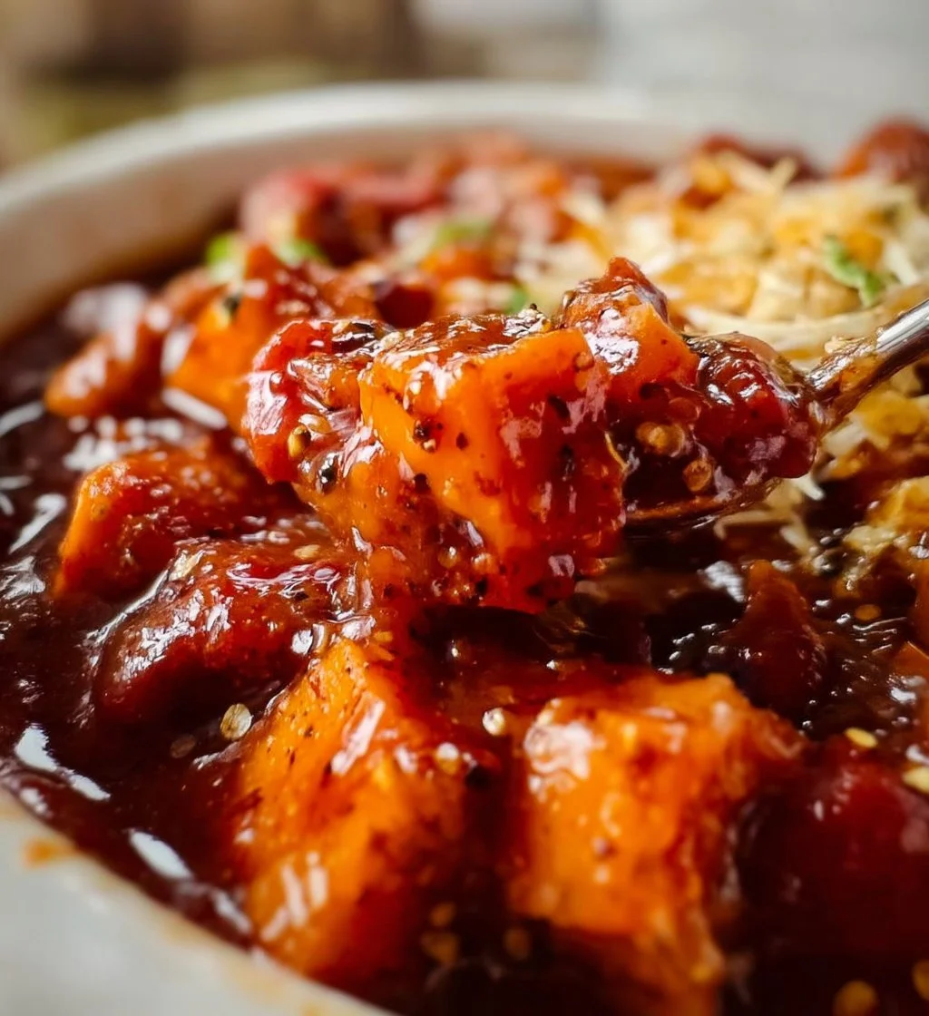 Bowl of sweet potato chili topped with avocado and cilantro