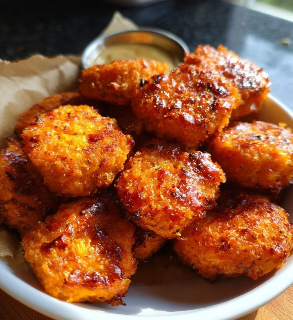 Crispy sweet potato nuggets on a plate, perfect for a healthy snack.