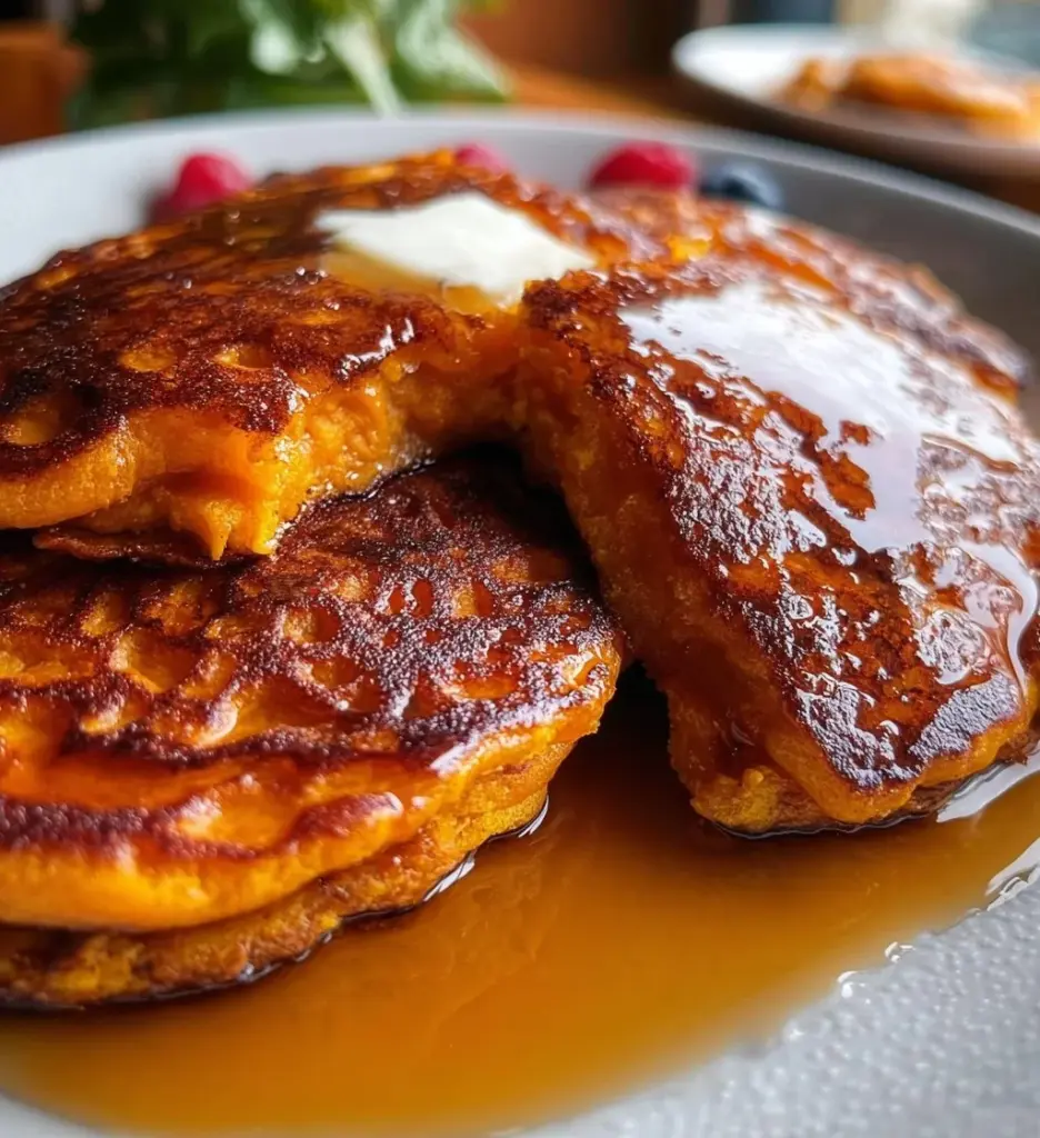 Delicious sweet potato pancakes served with syrup and fresh fruit