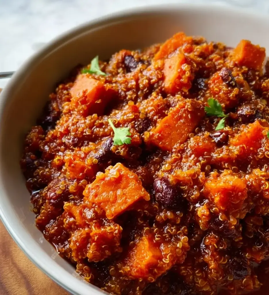 Bowl of sweet potato and quinoa chili topped with fresh herbs
