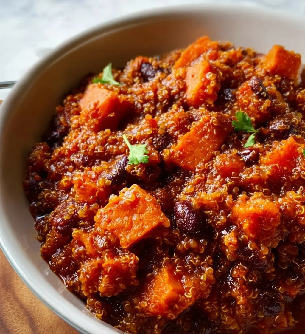 Bowl of sweet potato and quinoa chili topped with fresh herbs