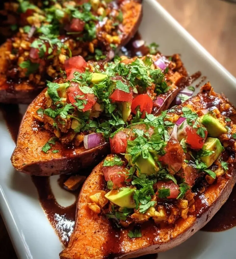 Sweet potato taco boats filled with vibrant toppings and spices