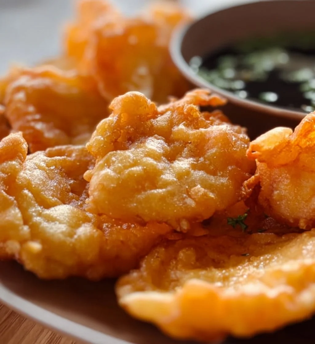 Crispy sweet potato tempura served with dipping sauce on a plate
