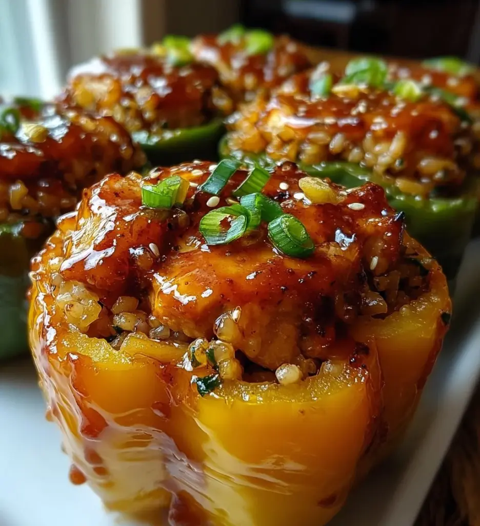 Teriyaki Pineapple Chicken and Rice Stuffed Peppers on a plate