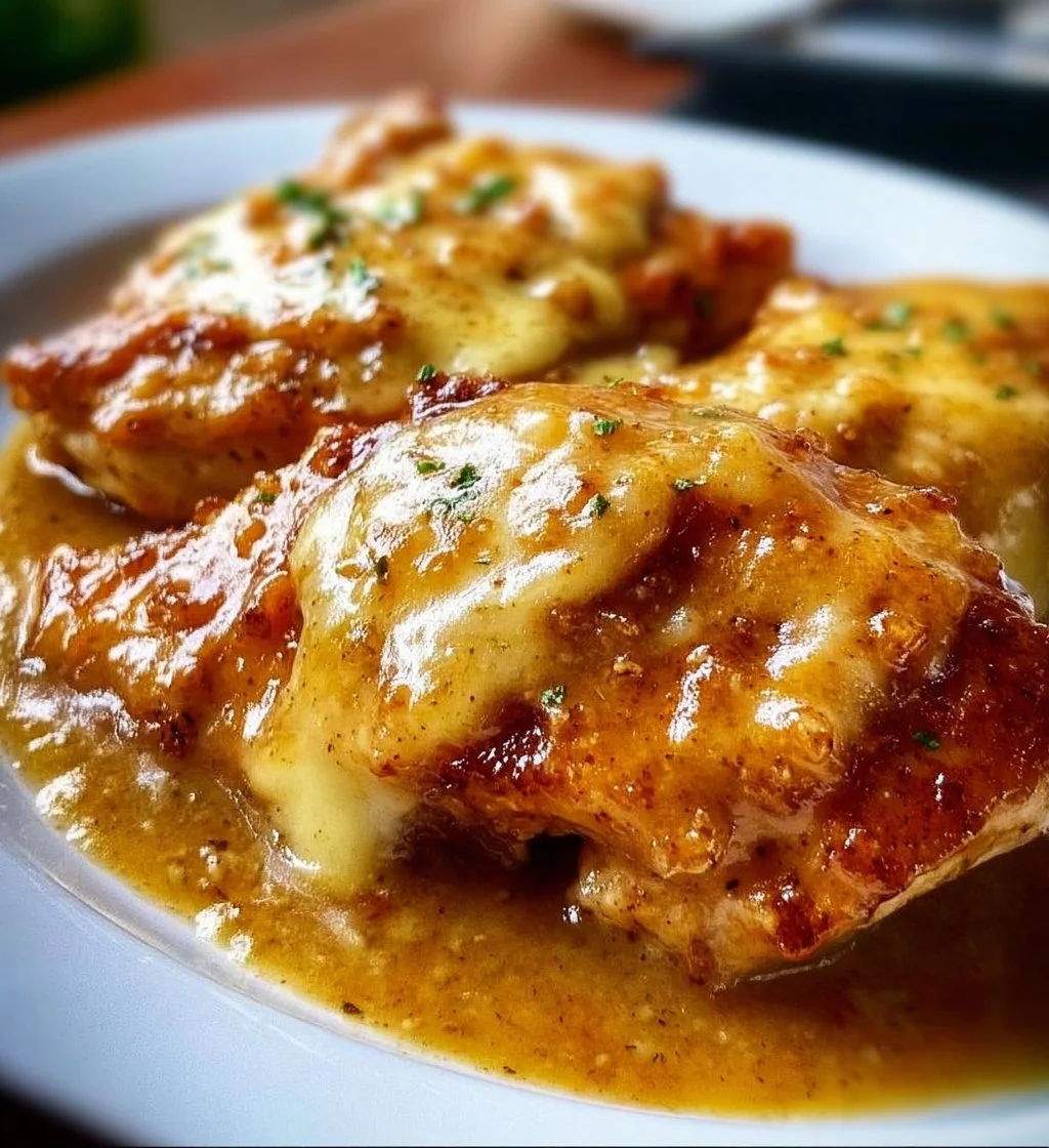Delicious Texas Roadhouse Smothered Chicken with melted jack cheese