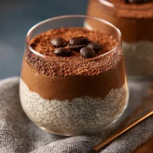Delicious tiramisu chia pudding layered with Greek yogurt and cocoa