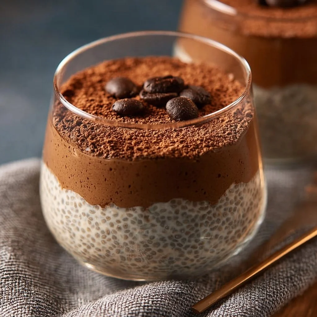 Delicious tiramisu chia pudding layered with Greek yogurt and cocoa
